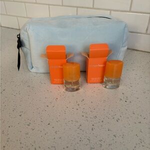 NEW Clinique Happy .14 FL oz Set of 2 with Light Blue Velvet Makeup Bag